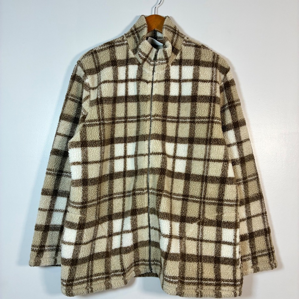 Liz Claiborne Fleece Jacket L Brown Plaid Full Zip Sherpa Teddy Cabin Cozy Layer